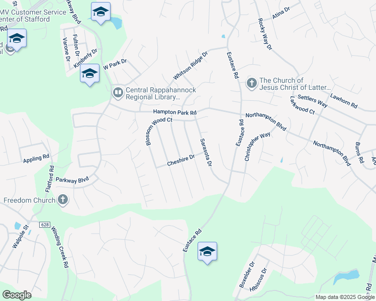 map of restaurants, bars, coffee shops, grocery stores, and more near 16 Charleston Court in Stafford
