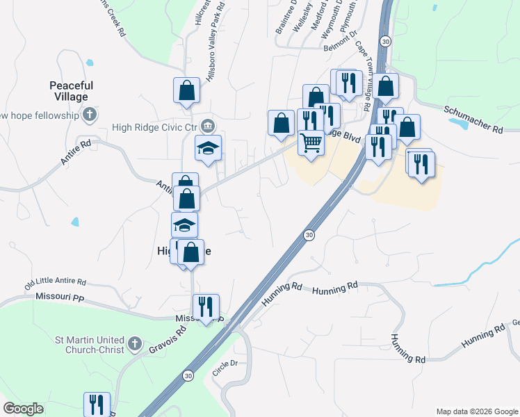 map of restaurants, bars, coffee shops, grocery stores, and more near 2817 Old Hunning Road in High Ridge