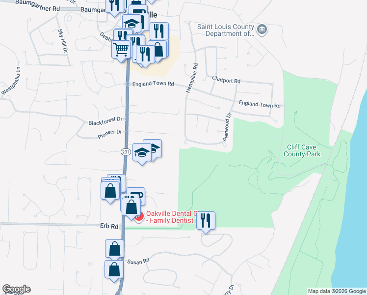 map of restaurants, bars, coffee shops, grocery stores, and more near 150 Pioneer Drive in St. Louis
