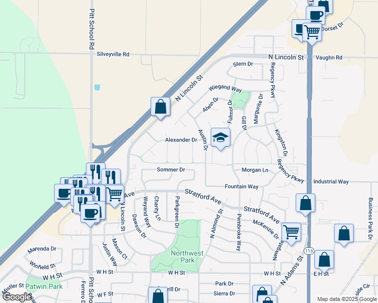 map of restaurants, bars, coffee shops, grocery stores, and more near 1560 Palmer Court in Dixon