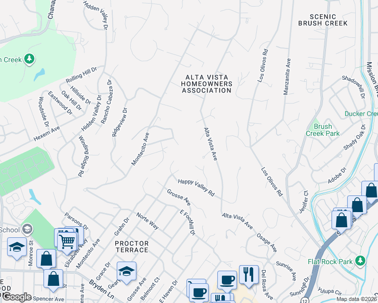 map of restaurants, bars, coffee shops, grocery stores, and more near 3546 Happy Valley Road in Santa Rosa