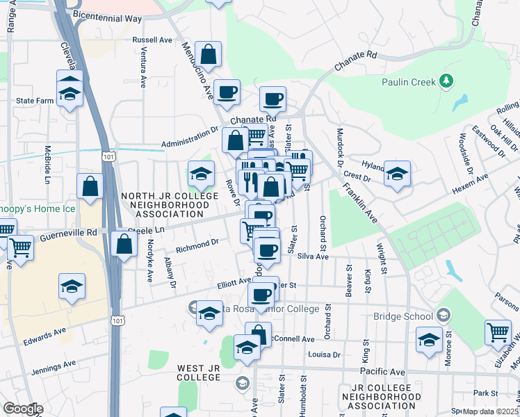 map of restaurants, bars, coffee shops, grocery stores, and more near Mendocino Avenue & Steele Lane in Santa Rosa