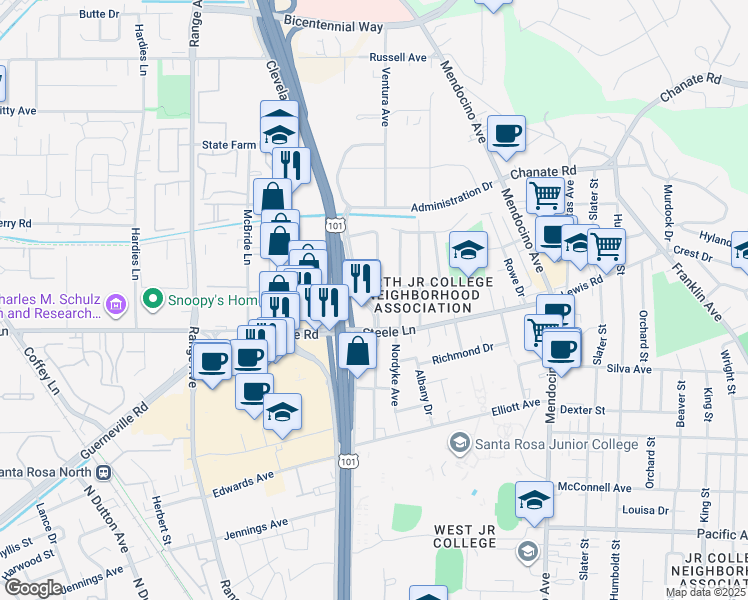 map of restaurants, bars, coffee shops, grocery stores, and more near 2210 County Center Drive in Santa Rosa