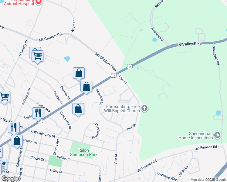 map of restaurants, bars, coffee shops, grocery stores, and more near 1282 Victorian Village Drive in Harrisonburg