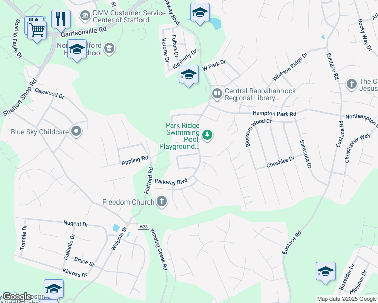 map of restaurants, bars, coffee shops, grocery stores, and more near 8 Catherine Lane in Stafford
