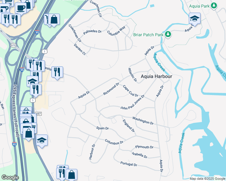 map of restaurants, bars, coffee shops, grocery stores, and more near 1115 Richmond Drive in Stafford