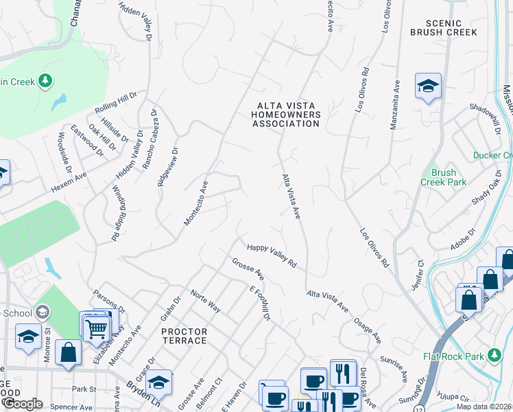 map of restaurants, bars, coffee shops, grocery stores, and more near 3546 Happy Valley Road in Santa Rosa
