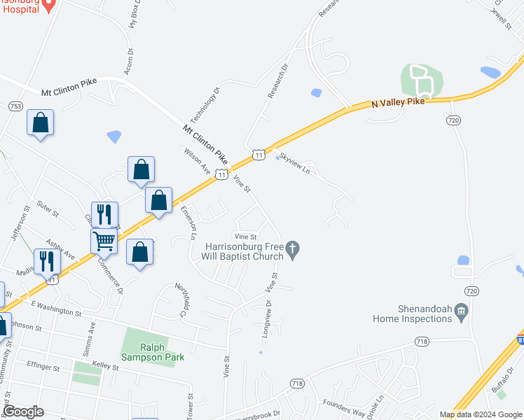 map of restaurants, bars, coffee shops, grocery stores, and more near 219 Vine Street in Harrisonburg