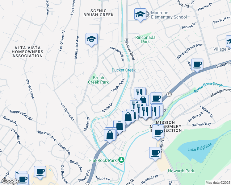 map of restaurants, bars, coffee shops, grocery stores, and more near 854 Shady Oak Drive in Santa Rosa