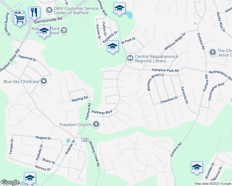 map of restaurants, bars, coffee shops, grocery stores, and more near 2 Catherine Lane in Stafford
