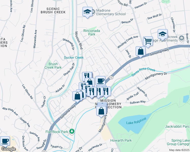 map of restaurants, bars, coffee shops, grocery stores, and more near 33 Cardinal Way in Santa Rosa