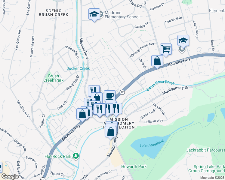 map of restaurants, bars, coffee shops, grocery stores, and more near 33 Cardinal Way in Santa Rosa
