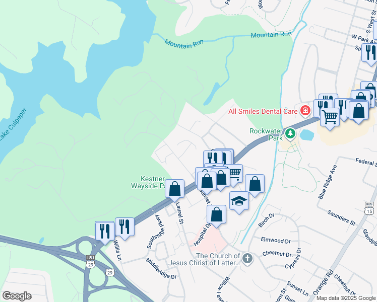 map of restaurants, bars, coffee shops, grocery stores, and more near 841 Mulberry Lane in Culpeper