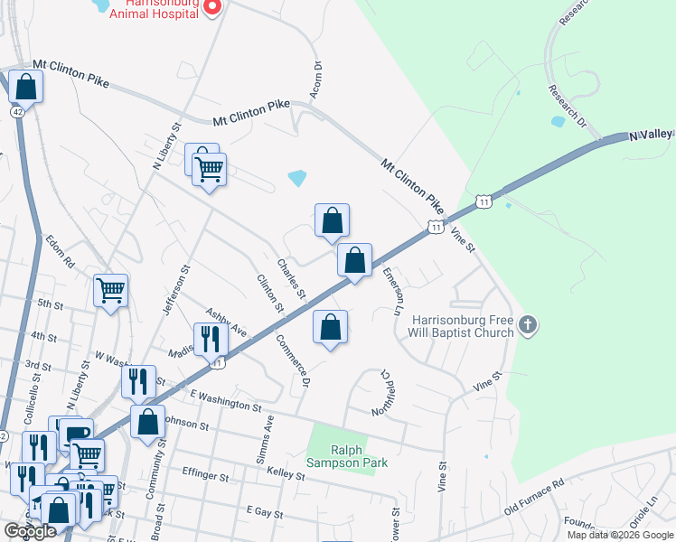 map of restaurants, bars, coffee shops, grocery stores, and more near Tyco Street in Harrisonburg