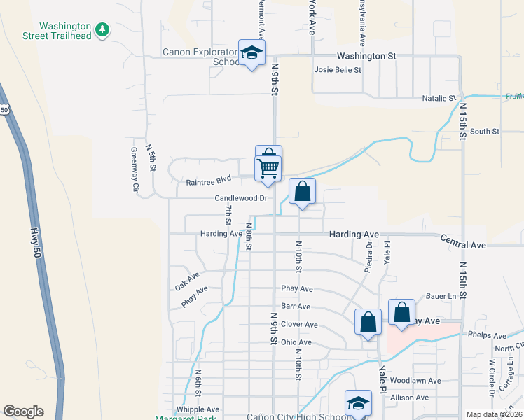 map of restaurants, bars, coffee shops, grocery stores, and more near 806 Candlewood Drive in Cañon City