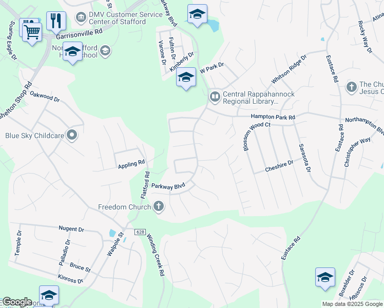map of restaurants, bars, coffee shops, grocery stores, and more near 2 Catherine Lane in Stafford