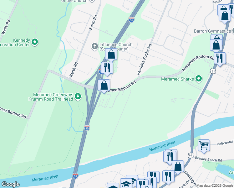 map of restaurants, bars, coffee shops, grocery stores, and more near 4414 Meramec Bottom Road in St. Louis