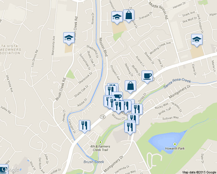 map of restaurants, bars, coffee shops, grocery stores, and more near 1100 Mission Boulevard in Santa Rosa