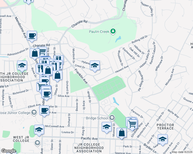 map of restaurants, bars, coffee shops, grocery stores, and more near 1017 Danbeck Avenue in Santa Rosa
