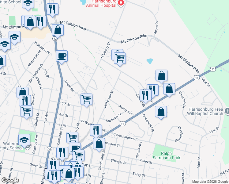 map of restaurants, bars, coffee shops, grocery stores, and more near 933 Jefferson Street in Harrisonburg