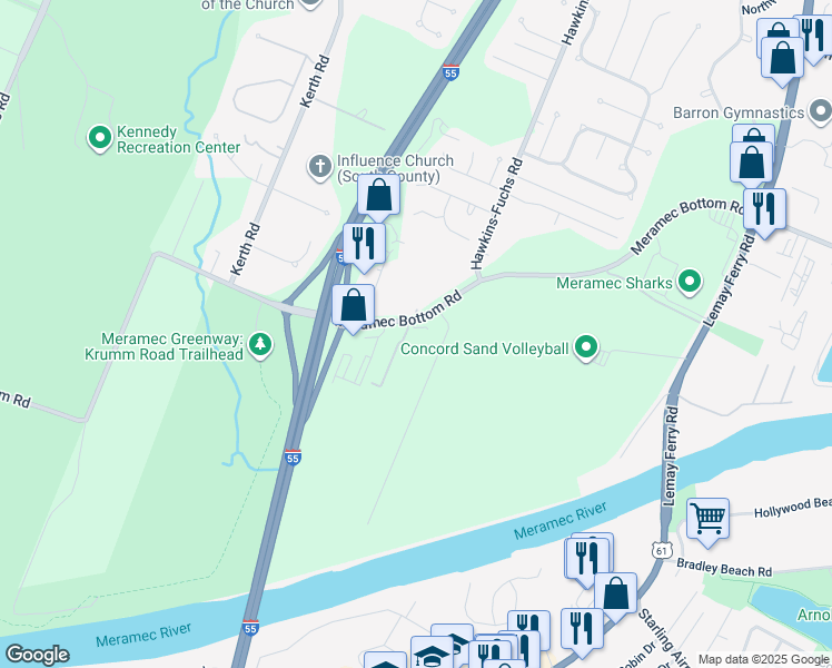 map of restaurants, bars, coffee shops, grocery stores, and more near 4414 Meramec Bottom Road in St. Louis