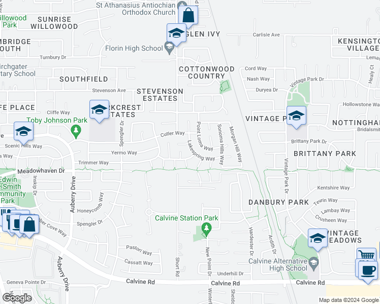 map of restaurants, bars, coffee shops, grocery stores, and more near 8156 Lakespring Way in Sacramento