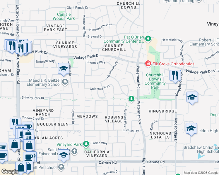 map of restaurants, bars, coffee shops, grocery stores, and more near 9186 Colonsay Way in Sacramento