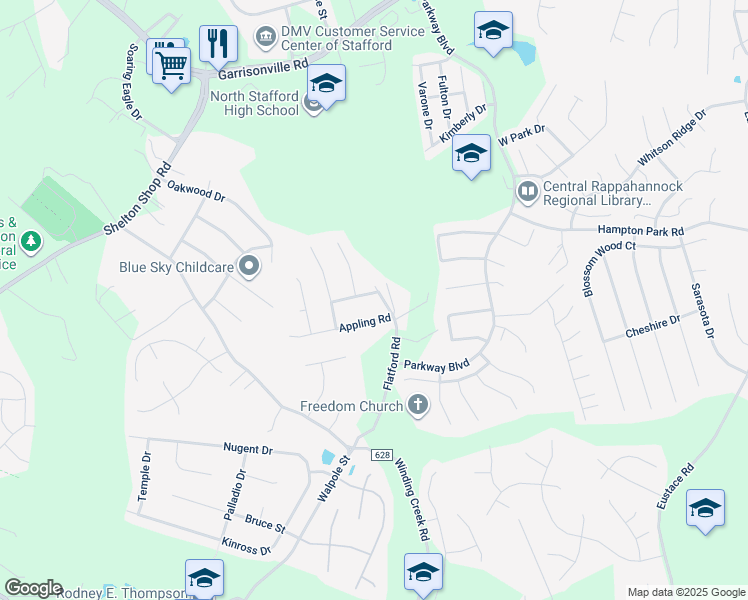 map of restaurants, bars, coffee shops, grocery stores, and more near 1 Ashbrook Road in Stafford