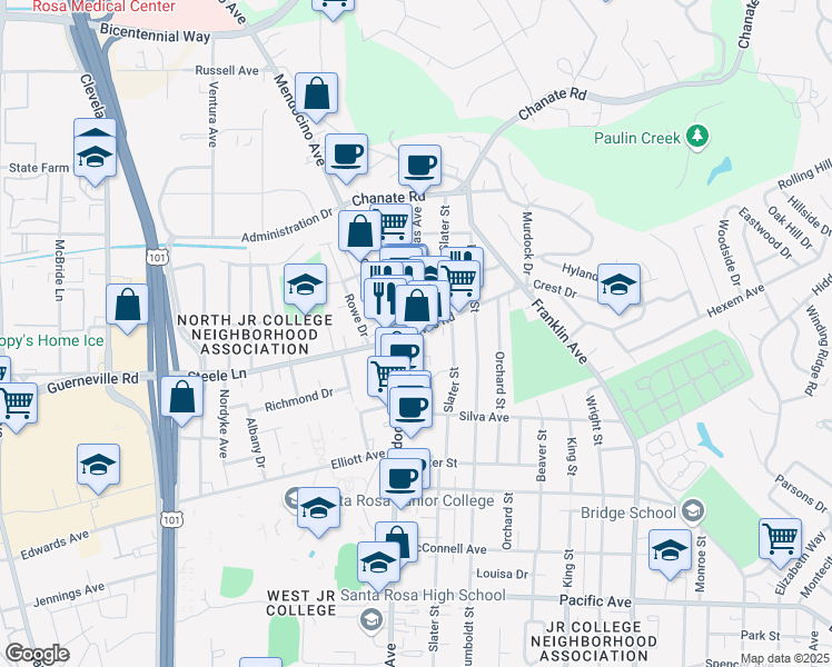 map of restaurants, bars, coffee shops, grocery stores, and more near Lomitas Avenue & Lewis Road in Santa Rosa