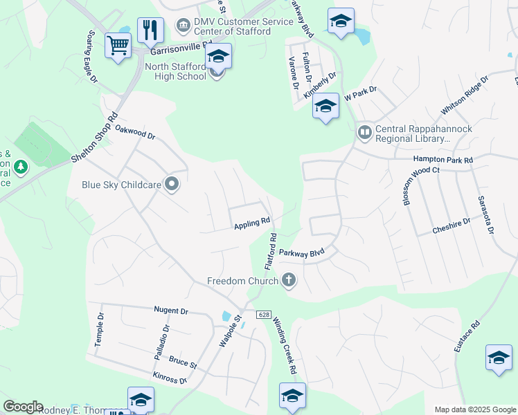 map of restaurants, bars, coffee shops, grocery stores, and more near 1 Ashbrook Road in Stafford
