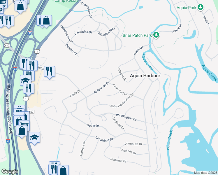 map of restaurants, bars, coffee shops, grocery stores, and more near 1001 Cape Cod Drive in Stafford