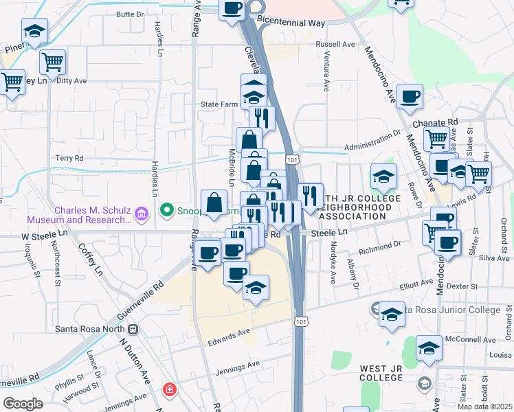 map of restaurants, bars, coffee shops, grocery stores, and more near 228 Coddingtown Terrace in Santa Rosa