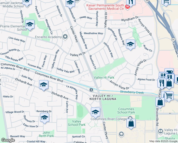 map of restaurants, bars, coffee shops, grocery stores, and more near 8164 Center Parkway in Sacramento