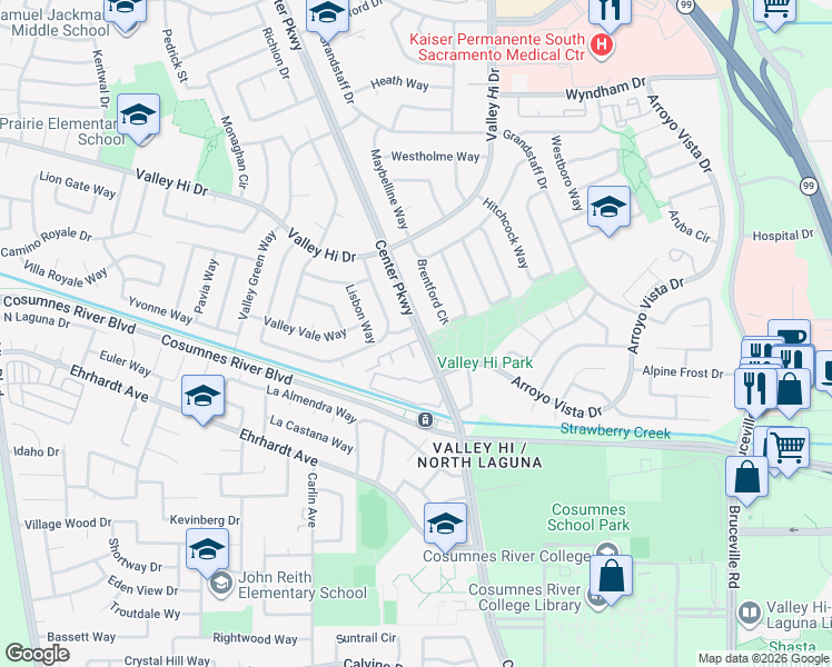 map of restaurants, bars, coffee shops, grocery stores, and more near 8162 Center Parkway in Sacramento
