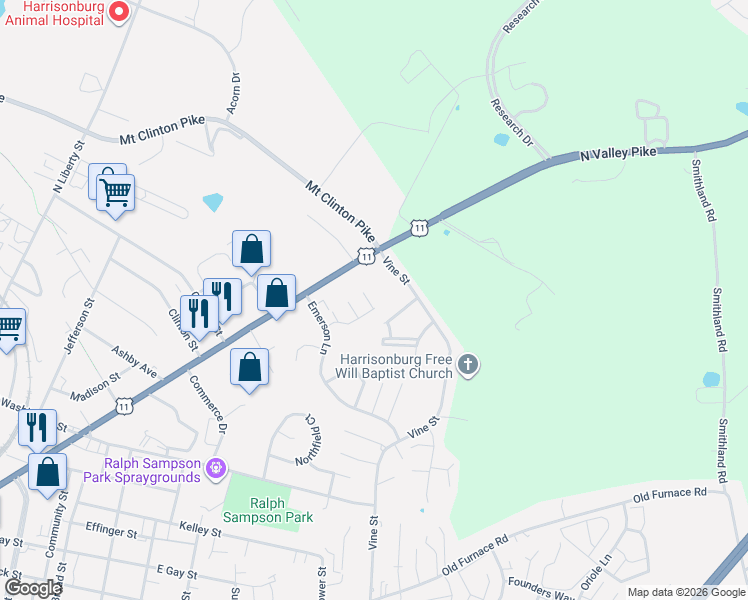 map of restaurants, bars, coffee shops, grocery stores, and more near 1306 Victorian Village Drive in Harrisonburg
