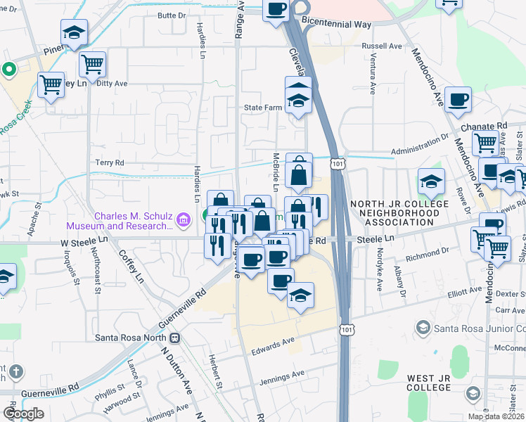 map of restaurants, bars, coffee shops, grocery stores, and more near 2305 McBride Lane in Santa Rosa