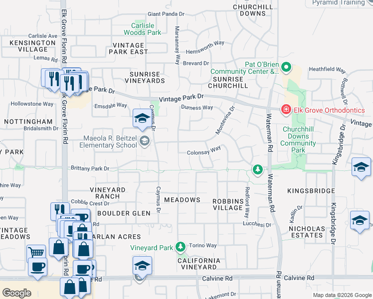 map of restaurants, bars, coffee shops, grocery stores, and more near 9013 Durness Way in Sacramento
