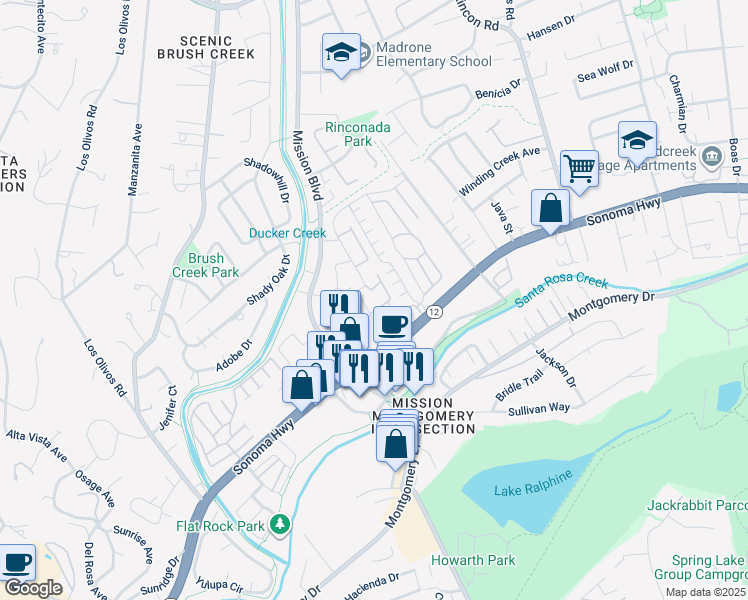 map of restaurants, bars, coffee shops, grocery stores, and more near 33 Cardinal Way in Santa Rosa