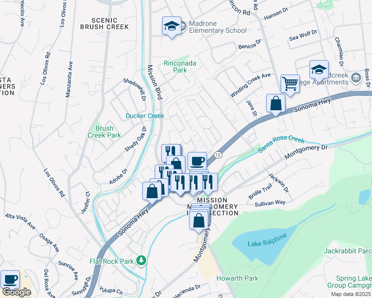 map of restaurants, bars, coffee shops, grocery stores, and more near 33 Cardinal Way in Santa Rosa