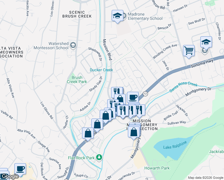 map of restaurants, bars, coffee shops, grocery stores, and more near 1100 Mission Boulevard in Santa Rosa