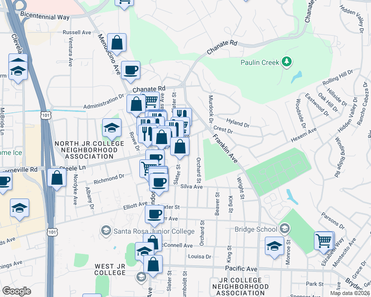 map of restaurants, bars, coffee shops, grocery stores, and more near 2168 Slater Street in Santa Rosa