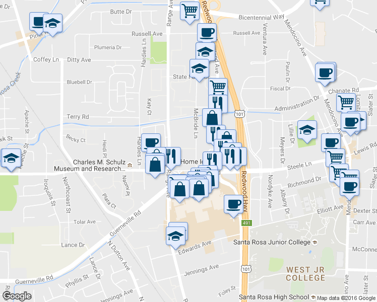 map of restaurants, bars, coffee shops, grocery stores, and more near 2307 McBride Lane in Santa Rosa
