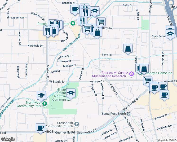 map of restaurants, bars, coffee shops, grocery stores, and more near 2843 Apple Valley Lane in Santa Rosa