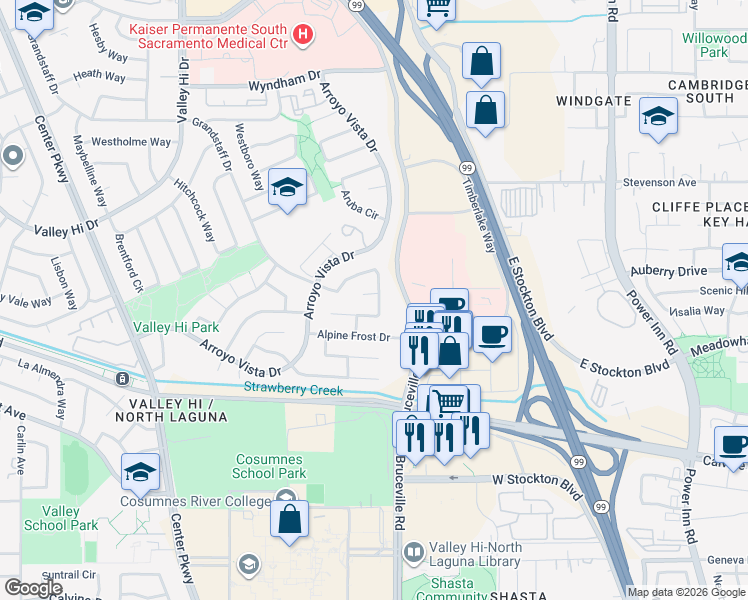 map of restaurants, bars, coffee shops, grocery stores, and more near 5 Graywood Court in Sacramento