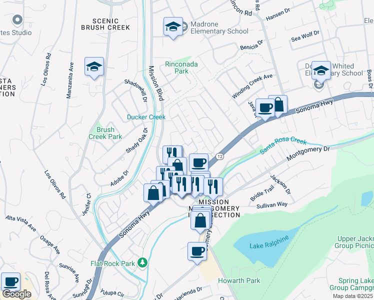 map of restaurants, bars, coffee shops, grocery stores, and more near 33 Cardinal Way in Santa Rosa