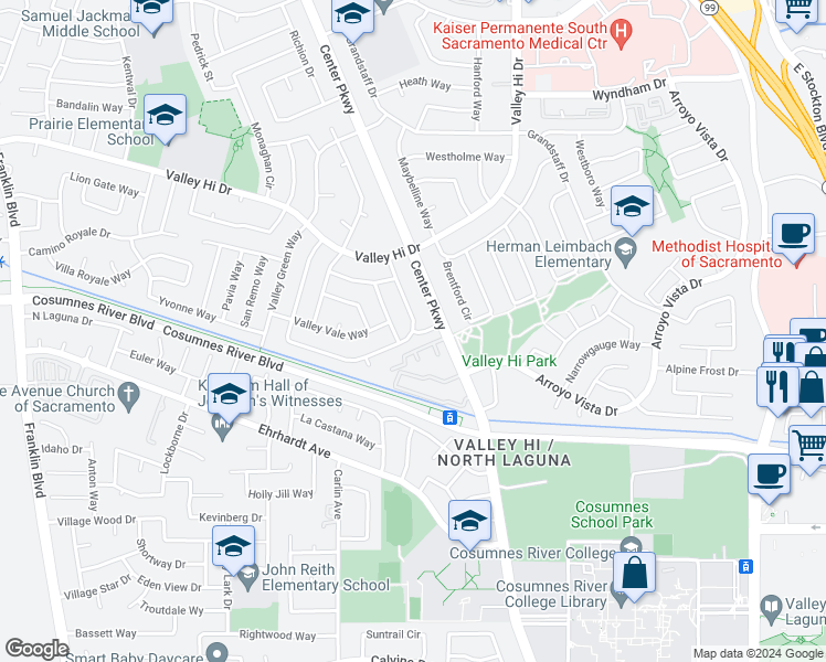map of restaurants, bars, coffee shops, grocery stores, and more near 6031 Hollyhurst Way in Sacramento