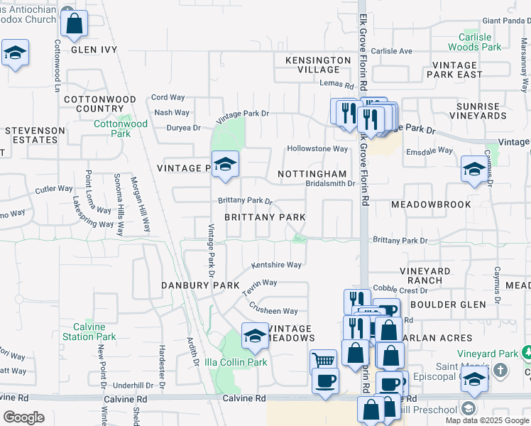 map of restaurants, bars, coffee shops, grocery stores, and more near 8251 Derbyshire Circle in Sacramento
