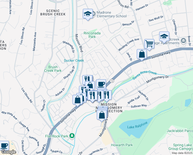 map of restaurants, bars, coffee shops, grocery stores, and more near 33 Cardinal Way in Santa Rosa