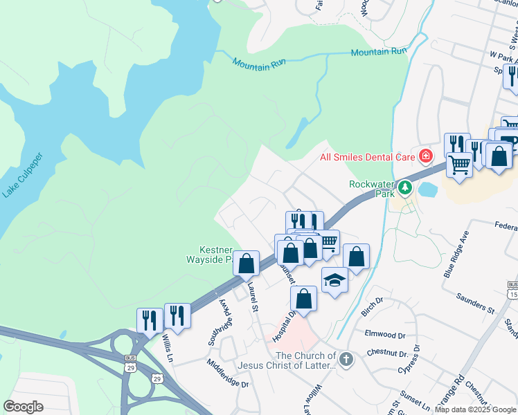 map of restaurants, bars, coffee shops, grocery stores, and more near 830 Mulberry Lane in Culpeper