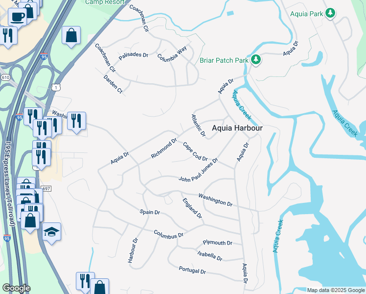 map of restaurants, bars, coffee shops, grocery stores, and more near 1005 Cape Cod Drive in Stafford